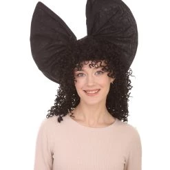 HPO Men's Australian Singer Curly Womens Wig | Large Black Bow Cosplay Halloween Wig | Premium Breathable Capless Cap