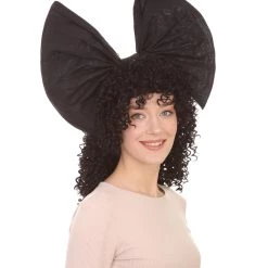 HPO Men's Australian Singer Curly Womens Wig | Large Black Bow Cosplay Halloween Wig | Premium Breathable Capless Cap
