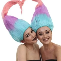 HPO Women Twin Trolls Style Wig | Multicolor Cosplay Wig | Premium Breathable Capless Cap Men's