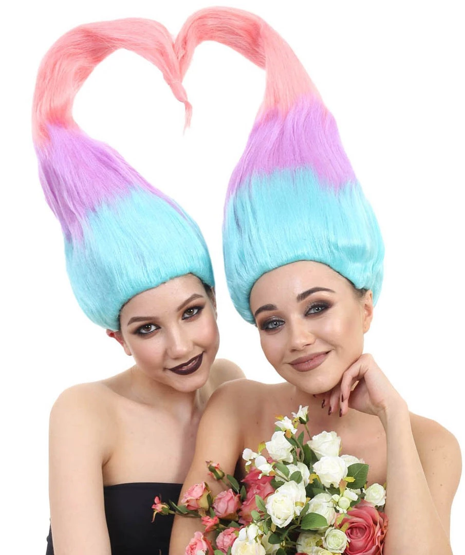 HPO Twin Troll Wig Set | 2 Detachable Rainbow Troll Wigs | Premium Breathable Halloween Wigs For 2 1 HPO Twin Troll Wig Set | 2 Detachable Rainbow Troll Wigs | Premium Breathable Halloween Wigs For 2
