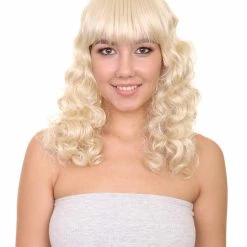 HPO Womens Blonde Pin Up Girl Wig | Medium Curly Cosplay Halloween Wig | Premium Breathable Capless Cap