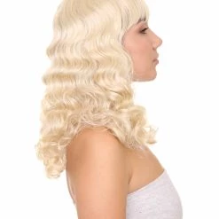 HPO Womens Blonde Pin Up Girl Wig | Medium Curly Cosplay Halloween Wig | Premium Breathable Capless Cap