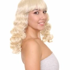 HPO Womens Blonde Pin Up Girl Wig | Medium Curly Cosplay Halloween Wig | Premium Breathable Capless Cap