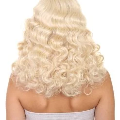 HPO Womens Blonde Pin Up Girl Wig | Medium Curly Cosplay Halloween Wig | Premium Breathable Capless Cap