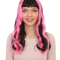 HPO Women's Womens 80s Long Black Neon Pink Streaks Punk Rave Wig | Rock Curly Disco Party Wigs | Premium Breathable Capless Cap