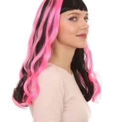 HPO Women's Womens 80s Long Black Neon Pink Streaks Punk Rave Wig | Rock Curly Disco Party Wigs | Premium Breathable Capless Cap