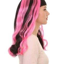 HPO Women's Womens 80s Long Black Neon Pink Streaks Punk Rave Wig | Rock Curly Disco Party Wigs | Premium Breathable Capless Cap