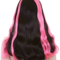 HPO Women's Womens 80s Long Black Neon Pink Streaks Punk Rave Wig | Rock Curly Disco Party Wigs | Premium Breathable Capless Cap