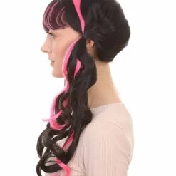 HPO Womens Dracula Ponytails Curly Wig | Black & Pink TV/Movie Wigs | Premium Breathable Capless Cap Women's