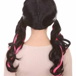 HPO Womens Dracula Ponytails Curly Wig | Black & Pink TV/Movie Wigs | Premium Breathable Capless Cap Women's