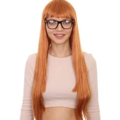 HPO Women's Womens Brown Long Straight Wig With Glasses | Video Game Wigs | Premium Breathable Capless Cap