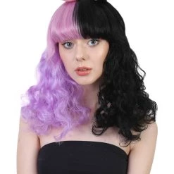HPO Women's Doll Wig | Pink Bow Purple & Black Wig | Premium Breathable Capless Cap