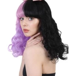 HPO Women's Doll Wig | Pink Bow Purple & Black Wig | Premium Breathable Capless Cap