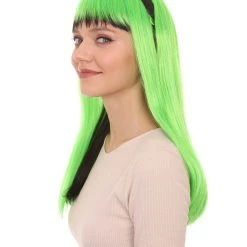 HPO Women's Womens Neon Doll Wig | Black & Green Neon Wigs | Premium Breathable Capless Cap