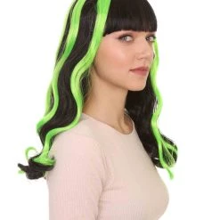 HPO Women's Womens 80s Long Black Neon Pink Streaks Punk Rave Wig | Rock Curly Disco Party Wigs | Premium Breathable Capless Cap