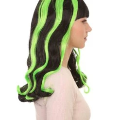 HPO Women's Womens 80s Long Black Neon Pink Streaks Punk Rave Wig | Rock Curly Disco Party Wigs | Premium Breathable Capless Cap