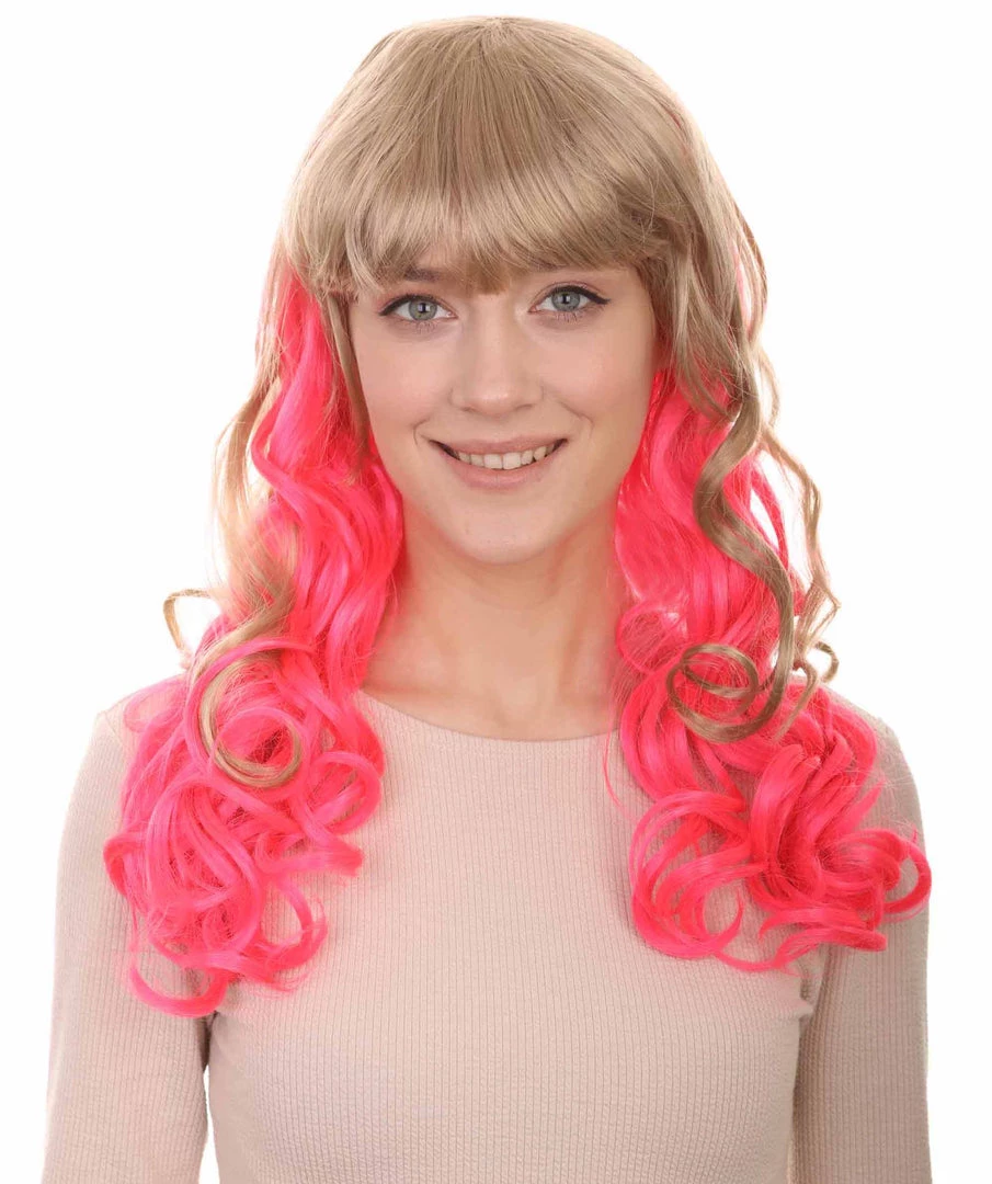 HPO Women's Long Wavy Blonde & Pink Womens Wig | Fancy Party Event Ready Halloween Wig | Premium Breathable Capless Cap 1 HPO Women's Long Wavy Blonde & Pink Womens Wig | Fancy Party Event Ready Halloween Wig | Premium Breathable Capless Cap