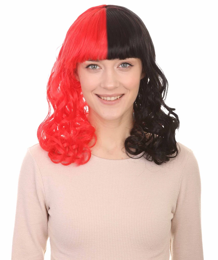 HPO Half Red And Half Black Long Curly Anime Womens Wigs | Cartoon Stage/Event Fancy Halloween Wig | Premium Breathable Capless Cap Women's 1 HPO Half Red And Half Black Long Curly Anime Womens Wigs | Cartoon Stage/Event Fancy Halloween Wig | Premium Breathable Capless Cap Women's