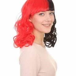 HPO Half Red And Half Black Long Curly Anime Womens Wigs | Cartoon Stage/Event Fancy Halloween Wig | Premium Breathable Capless Cap Women's 14 HPO Half Red And Half Black Long Curly Anime Womens Wigs | Cartoon Stage/Event Fancy Halloween Wig | Premium Breathable Capless Cap Women's