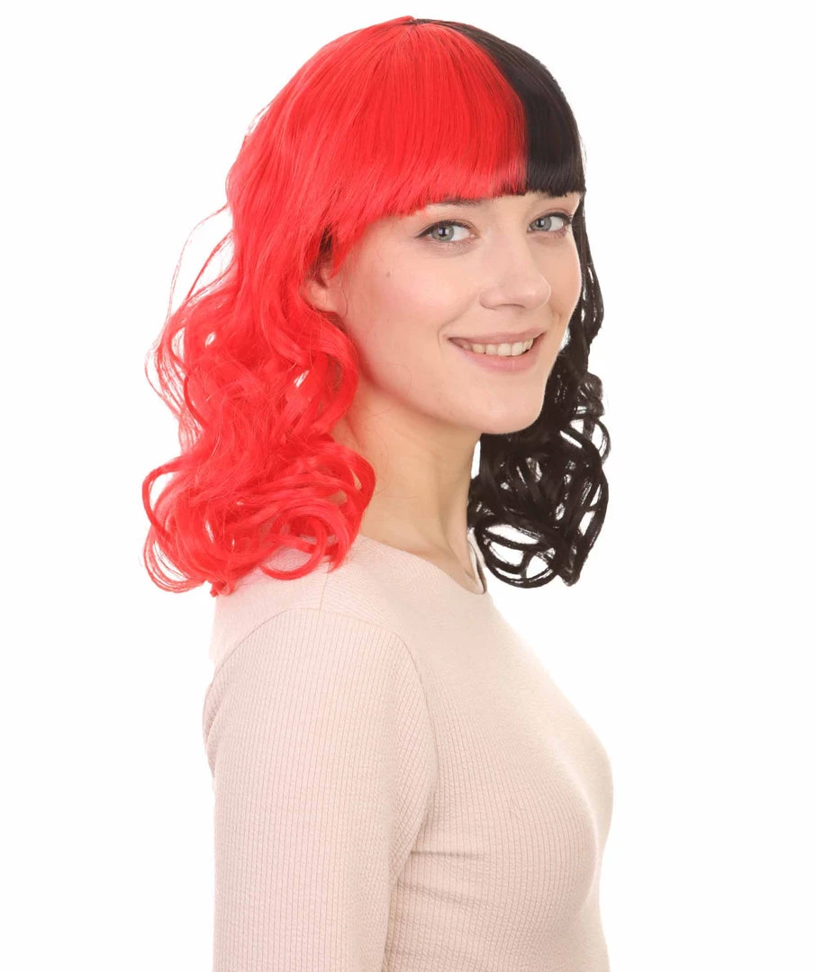 HPO Half Red And Half Black Long Curly Anime Womens Wigs | Cartoon Stage/Event Fancy Halloween Wig | Premium Breathable Capless Cap Women's 6 HPO Half Red And Half Black Long Curly Anime Womens Wigs | Cartoon Stage/Event Fancy Halloween Wig | Premium Breathable Capless Cap Women's