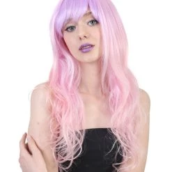 HPO Women's Long Women Wig | Wavy Pink And Purple Ombre Wig | Premium Breathable Capless Cap