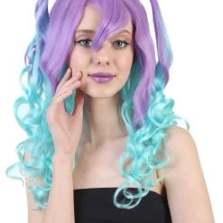 HPO Blue Monster Womens Wig | Purple Green Medium Curly Cosplay Halloween Wig | Premium Breathable Capless Cap