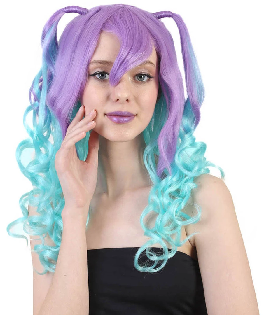 HPO Blue Monster Womens Wig | Purple Green Medium Curly Cosplay Halloween Wig | Premium Breathable Capless Cap 1 HPO Blue Monster Womens Wig | Purple Green Medium Curly Cosplay Halloween Wig | Premium Breathable Capless Cap