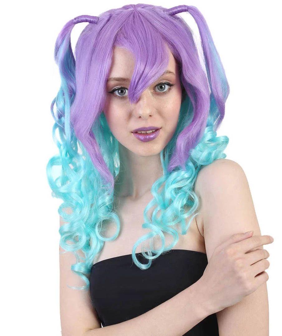HPO Blue Monster Womens Wig | Purple Green Medium Curly Cosplay Halloween Wig | Premium Breathable Capless Cap 2 HPO Blue Monster Womens Wig | Purple Green Medium Curly Cosplay Halloween Wig | Premium Breathable Capless Cap
