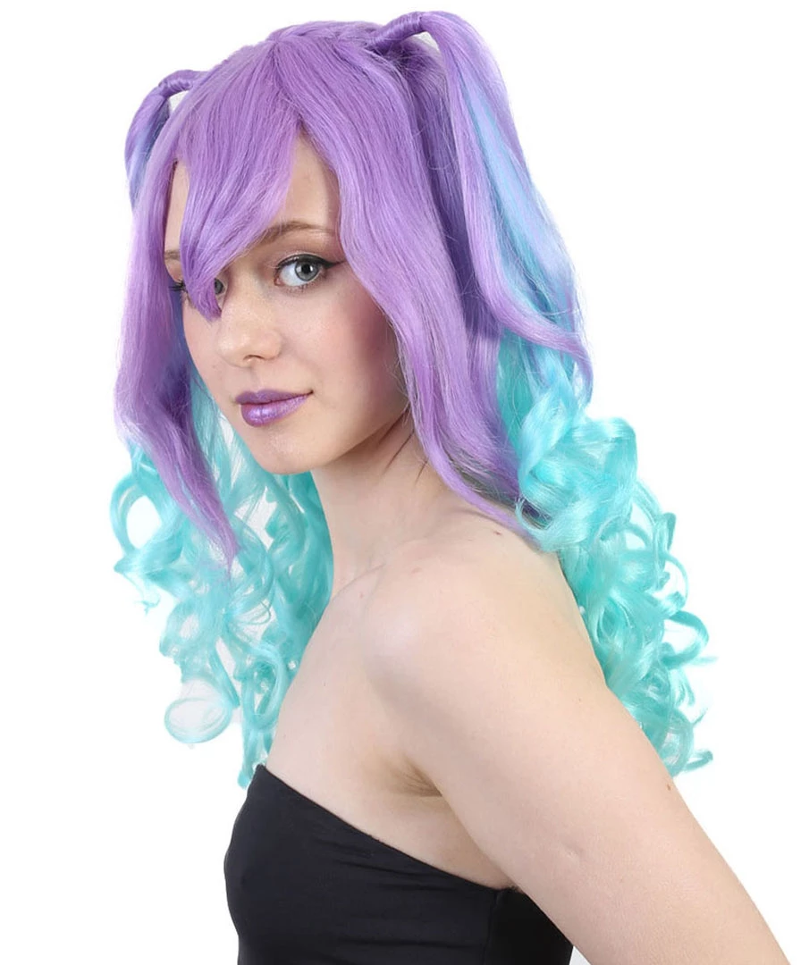 HPO Blue Monster Womens Wig | Purple Green Medium Curly Cosplay Halloween Wig | Premium Breathable Capless Cap 3 HPO Blue Monster Womens Wig | Purple Green Medium Curly Cosplay Halloween Wig | Premium Breathable Capless Cap