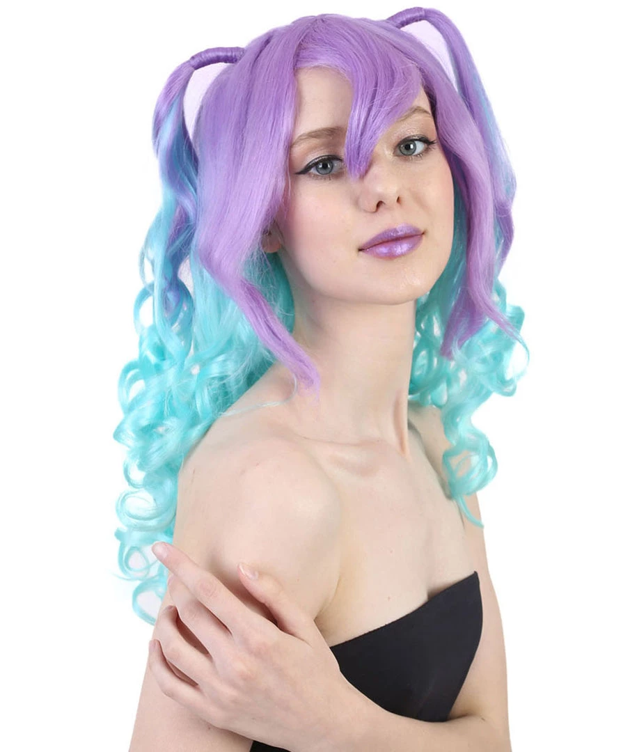 HPO Blue Monster Womens Wig | Purple Green Medium Curly Cosplay Halloween Wig | Premium Breathable Capless Cap 6 HPO Blue Monster Womens Wig | Purple Green Medium Curly Cosplay Halloween Wig | Premium Breathable Capless Cap
