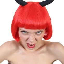 HPO Men's Devil Womens Wig With Horns | Red Horror Character Cosplay Halloween Wig | Premium Breathable Capless Cap