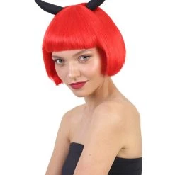 HPO Men's Devil Womens Wig With Horns | Red Horror Character Cosplay Halloween Wig | Premium Breathable Capless Cap