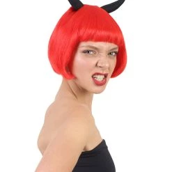 HPO Men's Devil Womens Wig With Horns | Red Horror Character Cosplay Halloween Wig | Premium Breathable Capless Cap