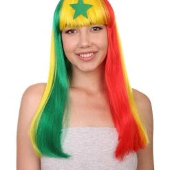 FLAGWIGS Senegal Flag Sport Party Long Bob Wig | Multicolor Long Straight Wig | Premium Breathable Capless Cap Women's