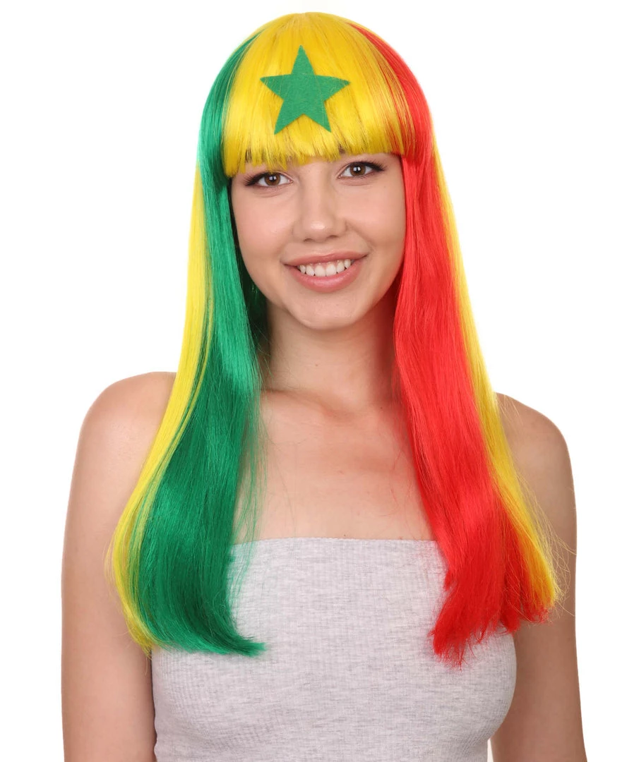 FLAGWIGS Senegal Flag Sport Party Long Bob Wig | Multicolor Long Straight Wig | Premium Breathable Capless Cap Women's 1 FLAGWIGS Senegal Flag Sport Party Long Bob Wig | Multicolor Long Straight Wig | Premium Breathable Capless Cap Women's