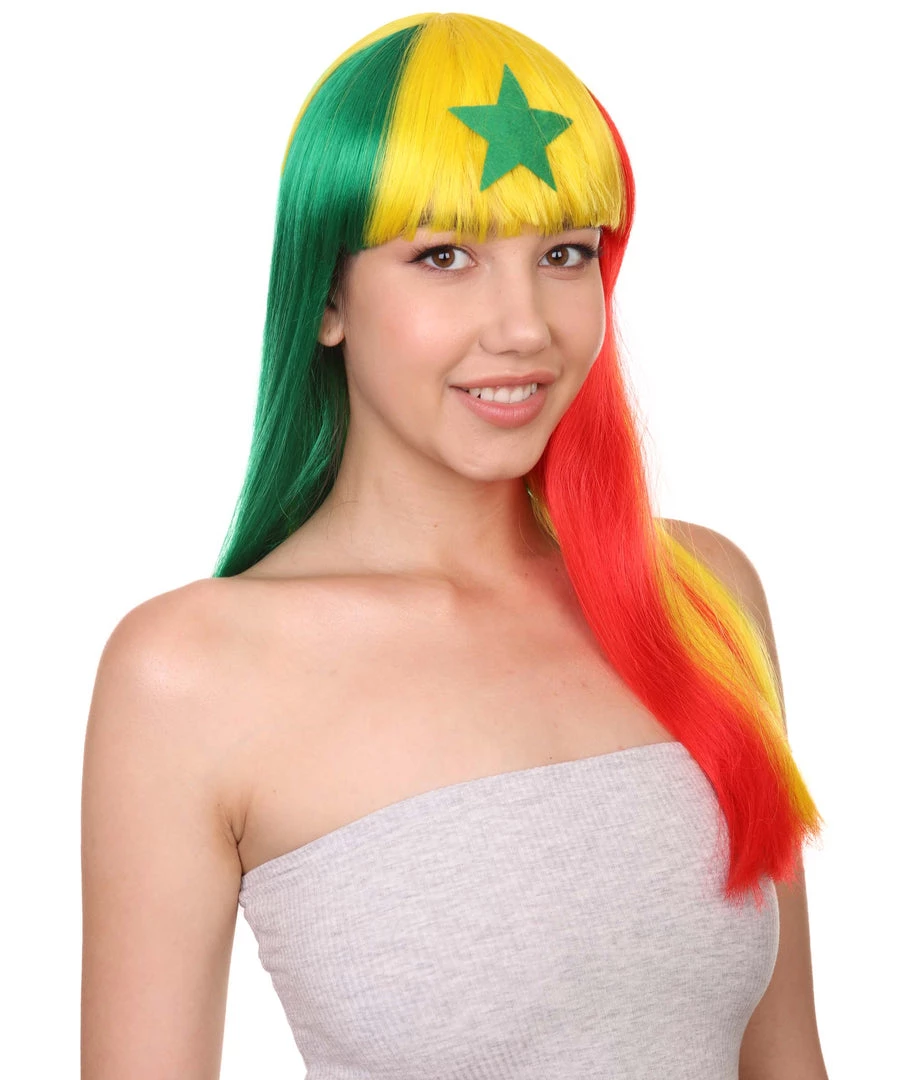 FLAGWIGS Senegal Flag Sport Party Long Bob Wig | Multicolor Long Straight Wig | Premium Breathable Capless Cap Women's 6 FLAGWIGS Senegal Flag Sport Party Long Bob Wig | Multicolor Long Straight Wig | Premium Breathable Capless Cap Women's