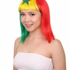 FLAGWIGS Women's Senegal Flag Sport Party Bob Wig | Multicolor Africa National Pride Wig | Premium Breathable Capless Cap