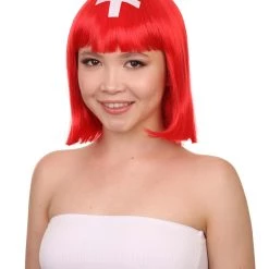 FLAGWIGS Women's Switzerland Flag Sport Party Bob Wig | Sexy Cosplay Party Halloween Wig | Premium Breathable Capless Cap
