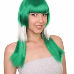 FLAGWIGS Saudi Arabia Flag Sport Party Long Bob Wig | White Green Middle East Wig | Premium Breathable Capless Cap Women's