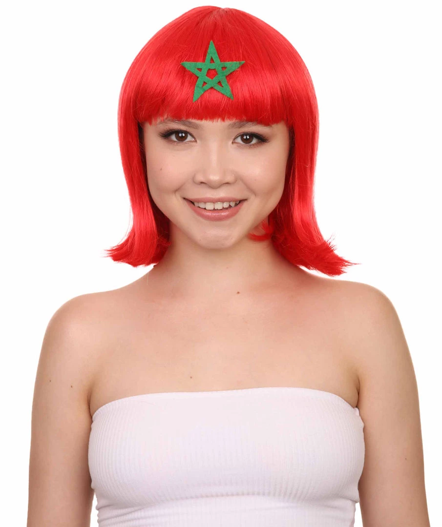 FLAGWIGS Women Patriotic Morocco Flag Bob Wig | Premium Breathable Capless Cap Women's 1 FLAGWIGS Women Patriotic Morocco Flag Bob Wig | Premium Breathable Capless Cap Women's