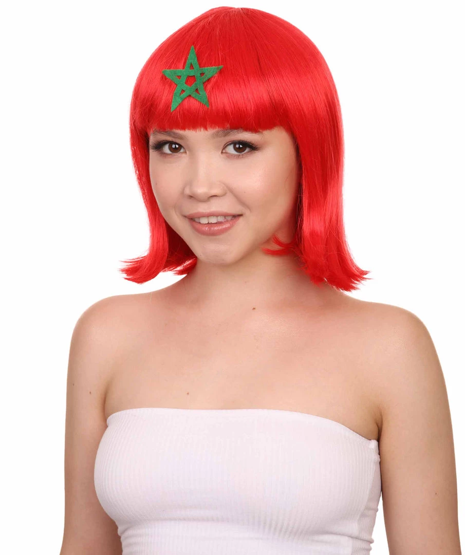 FLAGWIGS Women Patriotic Morocco Flag Bob Wig | Premium Breathable Capless Cap Women's 2 FLAGWIGS Women Patriotic Morocco Flag Bob Wig | Premium Breathable Capless Cap Women's