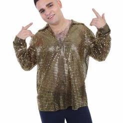 HPO Adult Men's 70's Disco Gold Sequin Shirt Costume | Golden Cosplay Costume