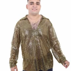 HPO Adult Men's 70's Disco Gold Sequin Shirt Costume | Golden Cosplay Costume