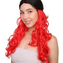 HPO Black And Red Long Wavy Womens Wig | Cosplay Halloween Wig | Premium Breathable Capless Cap