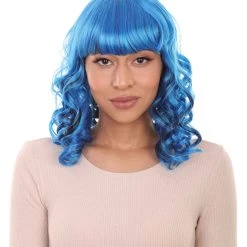HPO Men's Blue Wavy Womens Wig | Medium Curly Cosplay Halloween Wig | Premium Breathable Capless Cap