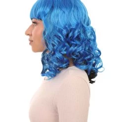 HPO Men's Blue Wavy Womens Wig | Medium Curly Cosplay Halloween Wig | Premium Breathable Capless Cap