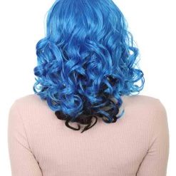 HPO Men's Blue Wavy Womens Wig | Medium Curly Cosplay Halloween Wig | Premium Breathable Capless Cap