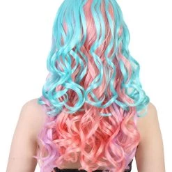 HPO Womens Fantasy Wig | Pink Sky Blue Long Curly Party Every Ready Wig | Premium Breathable Capless Cap Men's