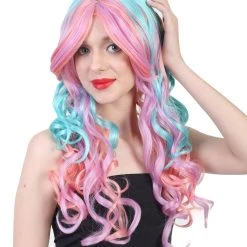 HPO Womens Fantasy Wig | Pink Sky Blue Long Curly Party Every Ready Wig | Premium Breathable Capless Cap Men's