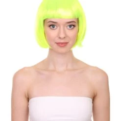 HPO Short Bob Neon Green Womens Wig | Party Ready Fancy Cosplay Halloween Wig | Premium Breathable Capless Cap